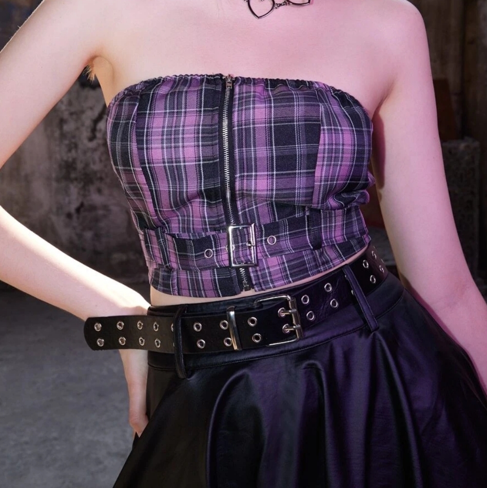 NWT ROMWE Punk Rock Kpop Tartan Zip Up Belted Tube Top